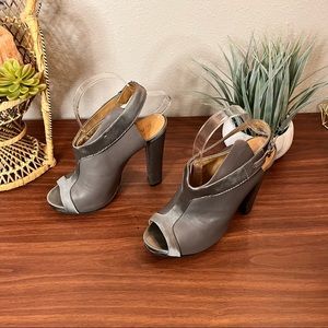 L.A.M.B “Luxurious” Silver Peep Toe Leather Satin Platform Heels